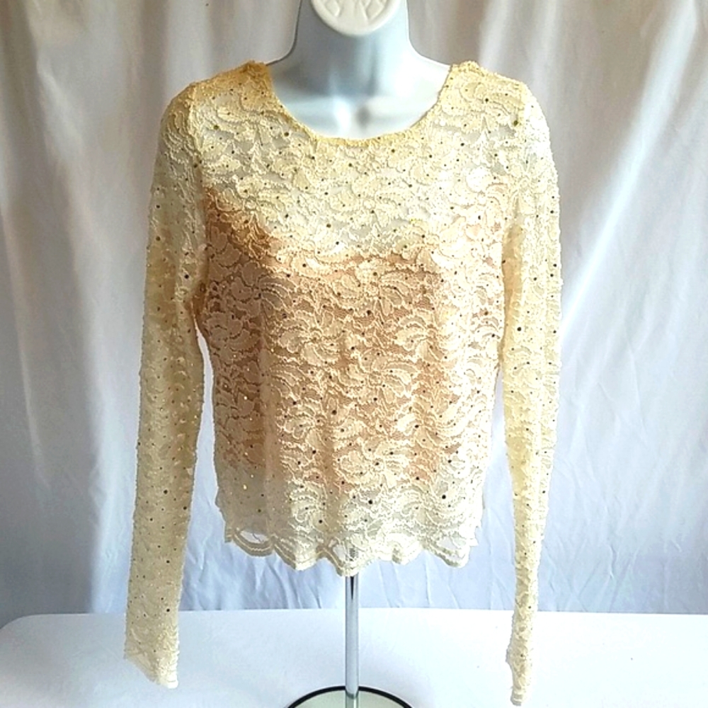 Jump Apparel Women's Lace Cream Peach w/ Sequins 2 Piece Crop Top Size 17/18